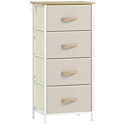 Chest of 4 Fabric Drawers for Bedroom Storage with Wooden Top Surface, Beige