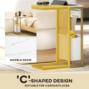 White C Shaped Side Table with USB Charging Station and Faux Marble Top for Living Room