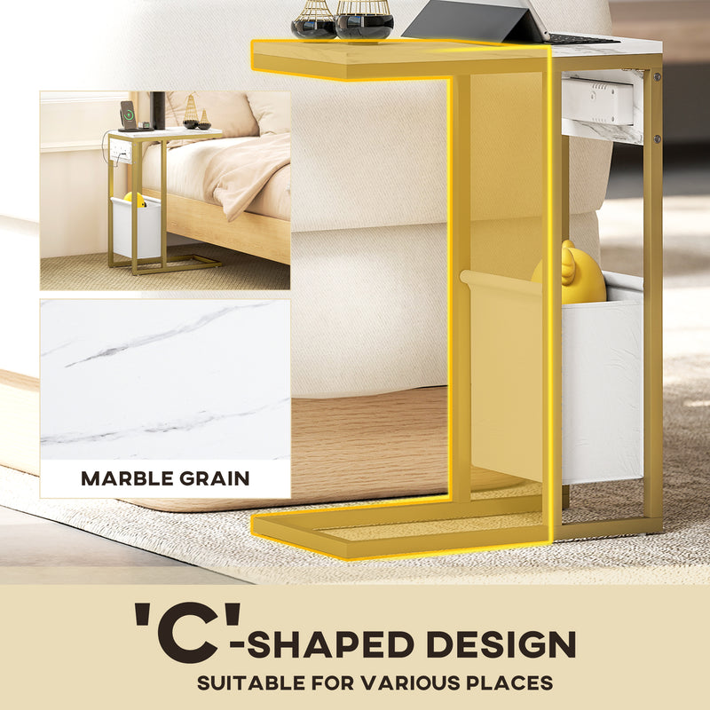 White C Shaped Side Table with USB Charging Station and Faux Marble Top for Living Room
