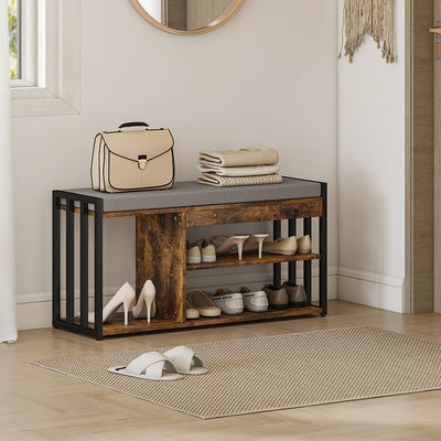Hallway Shoe Storage Bench with Cushioned Seat and 3 Open Shelves - Rustic Brown - 85x29cm Homcom