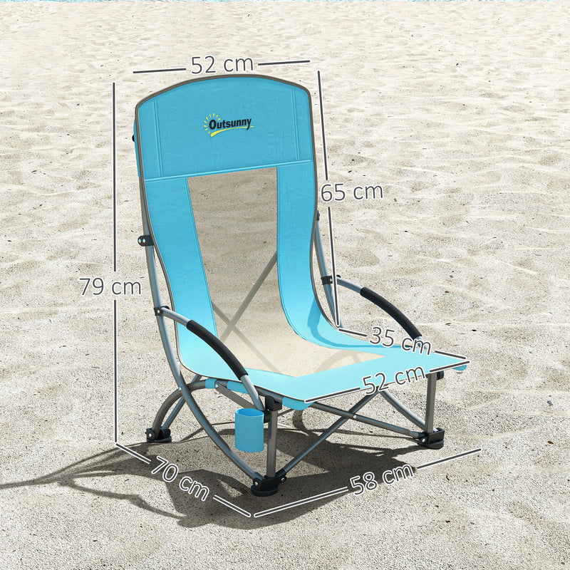 Set of 2 Blue Folding Beach Chairs with Mesh Back Carry Bag and Cup Holder for Camping