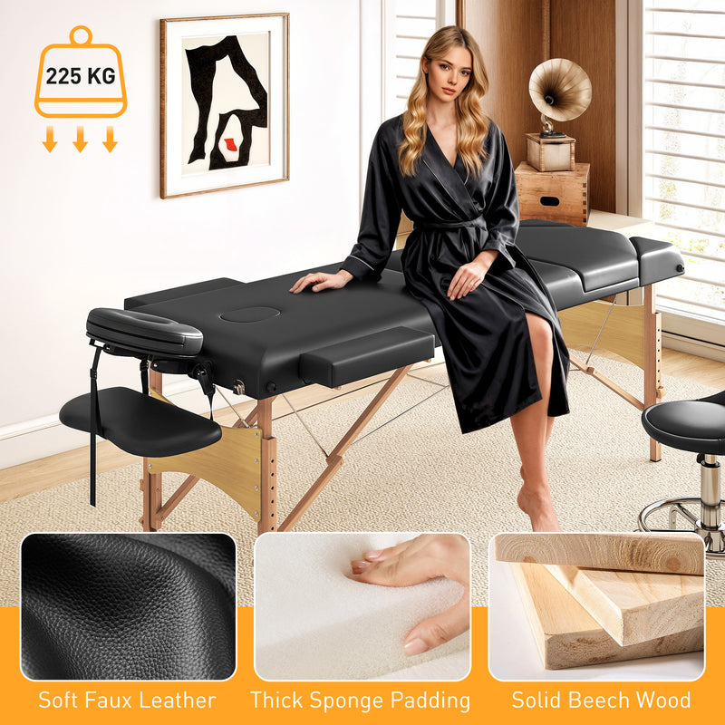Black Foldable Massage Table with Beech Wood Legs Ideal for Home or Mobile Therapists