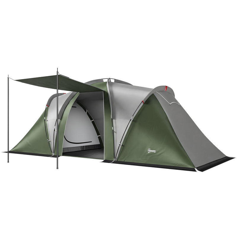 4-6 Person Waterproof Tunnel Camping Tent With 2 Bedrooms, Living Room & Porch, Green