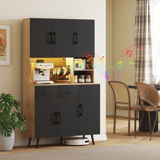 Tall Kitchen Storage Cabinet with LED Lighting and Adjustable Shelves, Oak and Black