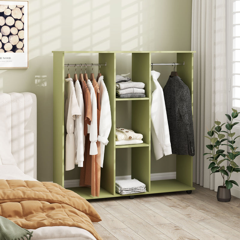 Green Double Open Wardrobe with Mobile Storage Shelves and 6 Wheels by HOMCOM