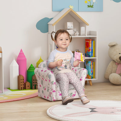 Kids Armchair with Flamingo Design and Wooden Frame Ideal for Bedroom or Playroom, Pink