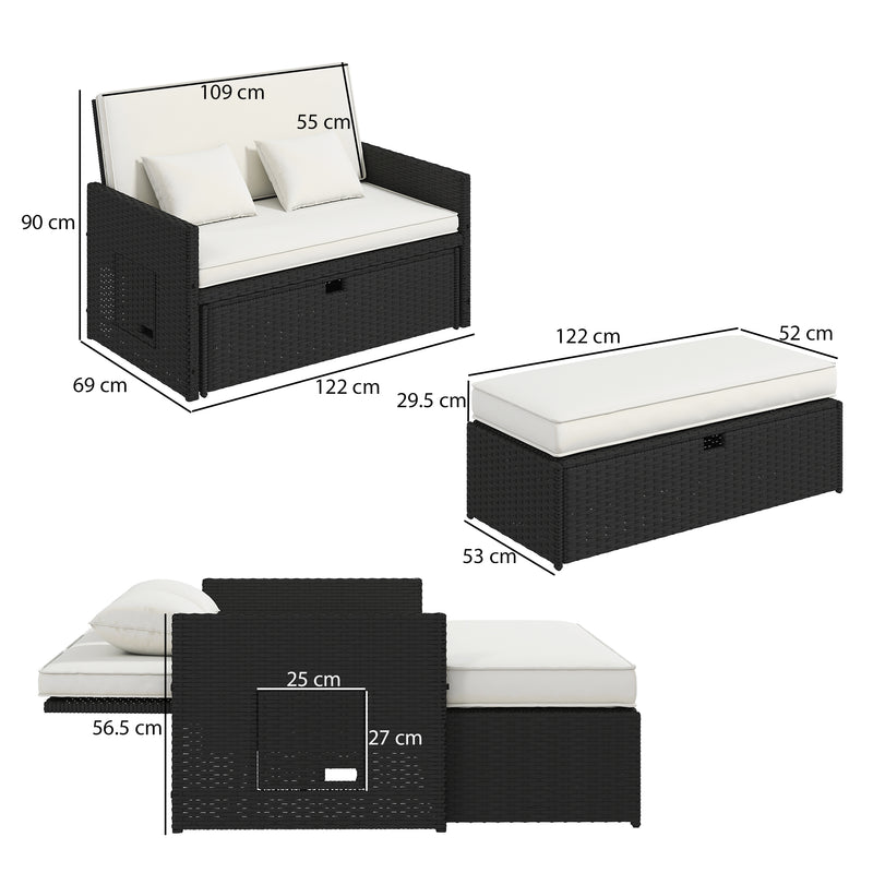 Rattan Garden Day Bed with Adjustable Backrest and Hidden Storage Cream White