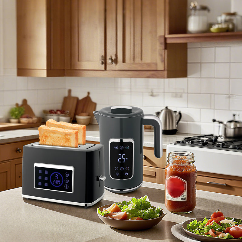 Touch Screen Kettle and Toaster Set With Fast Boil Feature For Modern Kitchens Grey