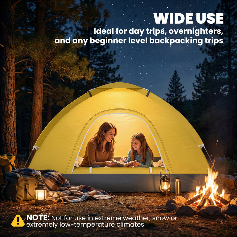 2 Person Camping Tent with Mesh Windows for Easy Setup and Extra Space Yellow
