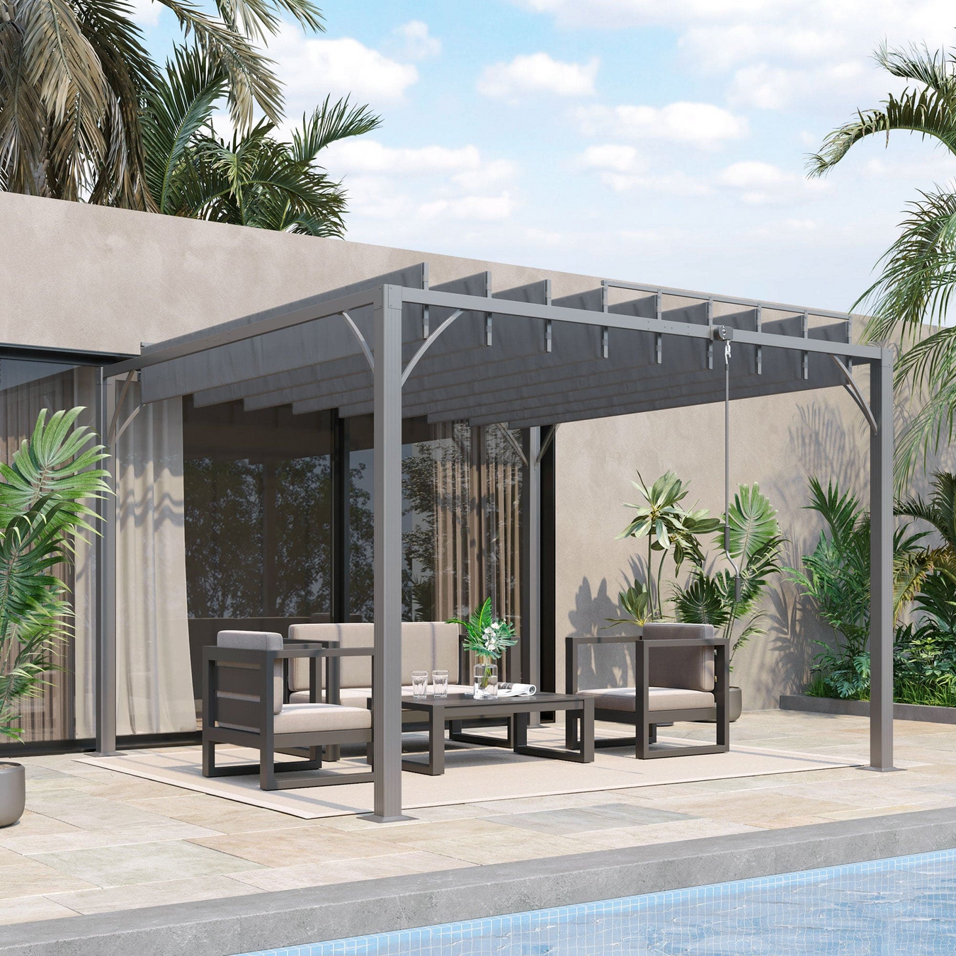 Outsunny 3x3m pergola kit with louvered roof - grey aluminium frame and roof - create a sophistic retreat.