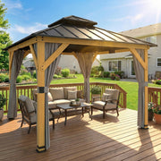 Permanent Garden Gazebo with 2 Tier Steel Roof, Curtains and Netting for Year Round Shelter and Privacy, Brown & Black