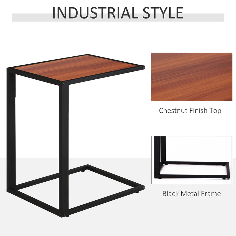 Set of 2 C Shaped Sofa Side Tables with Metal Frame for Living Room or Bedroom, Walnut and Black