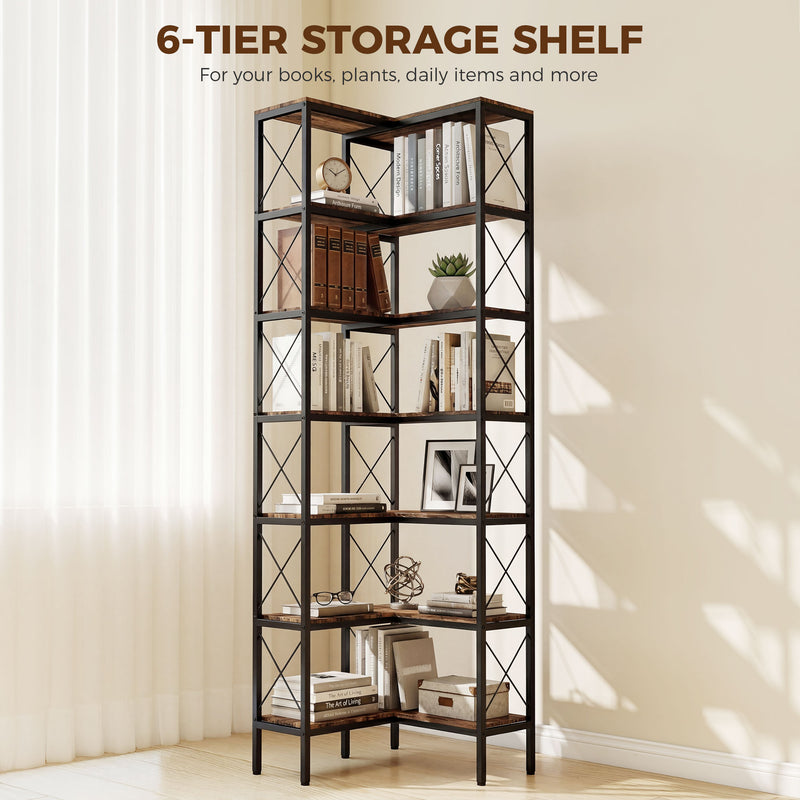 Corner Bookcase with 6 Shelves for Space Saving Storage in Small Rooms Rustic Brown