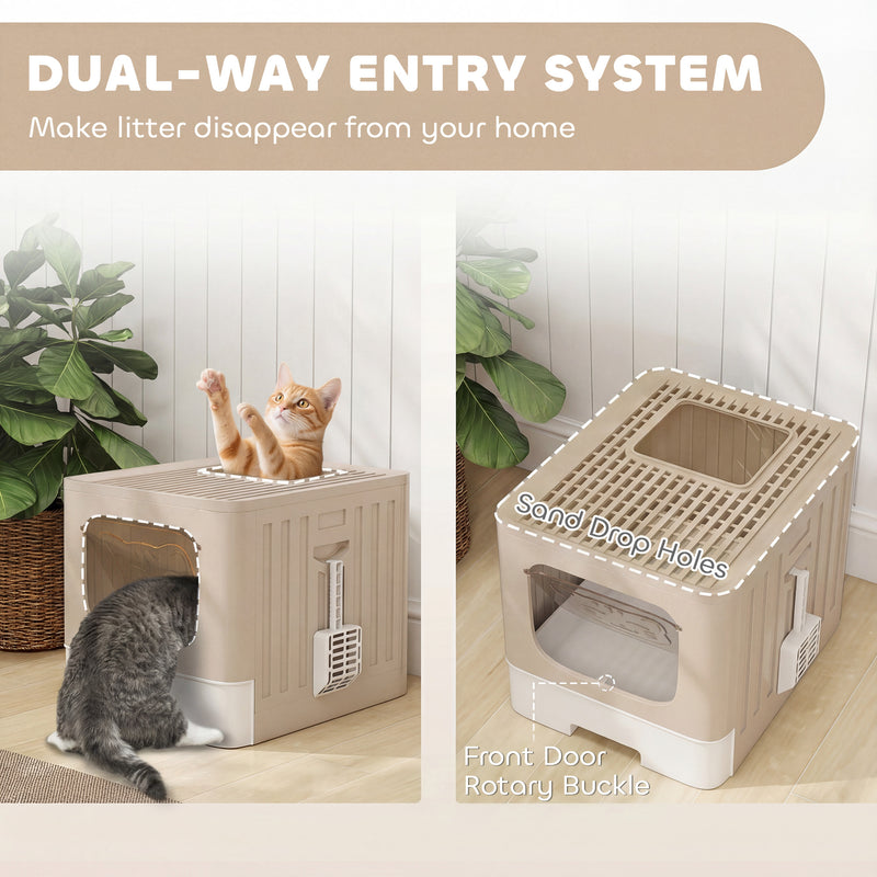 Foldable Cat Litter Box with Lid and Pull Out Drawer for Easy Cleaning Khaki AOSOM