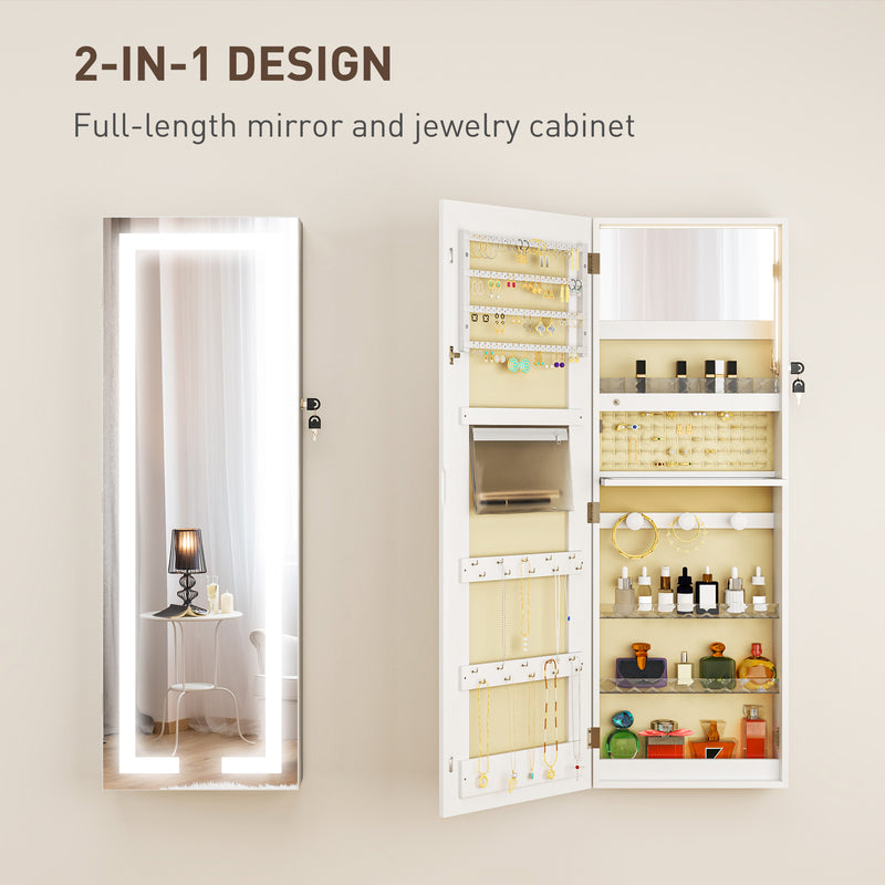 Jewellery Storage Cabinet with Full Length Mirror and LED Lights Wall or Door Mounted White