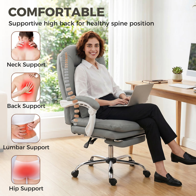 Office Chair with Reclining Backrest and Footrest for Comfortable Home Working Grey
