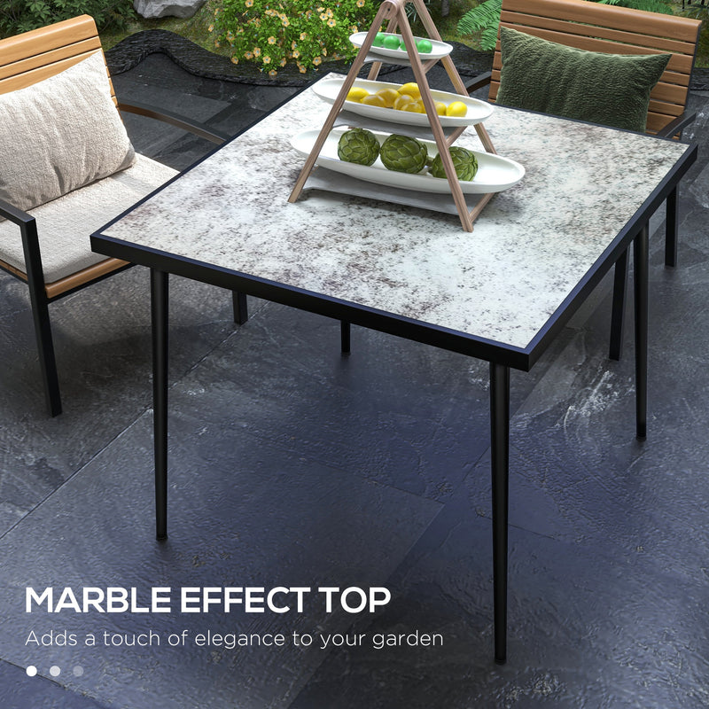 Grey Square Garden Table For 4 With Marble Effect Glass Top And Steel Frame Patio Use