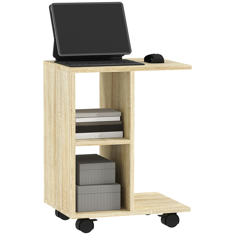 C-Shaped End Table with Storage Shelves and Wheels for Home or Office by HOMCOM