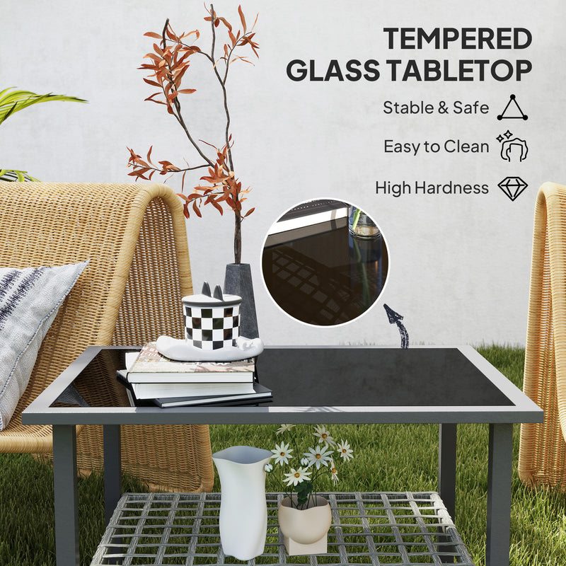 Outdoor Rattan Coffee Table with Tempered Glass Top and Storage Shelf for Patio Balcony Mixed Grey by Outsunny