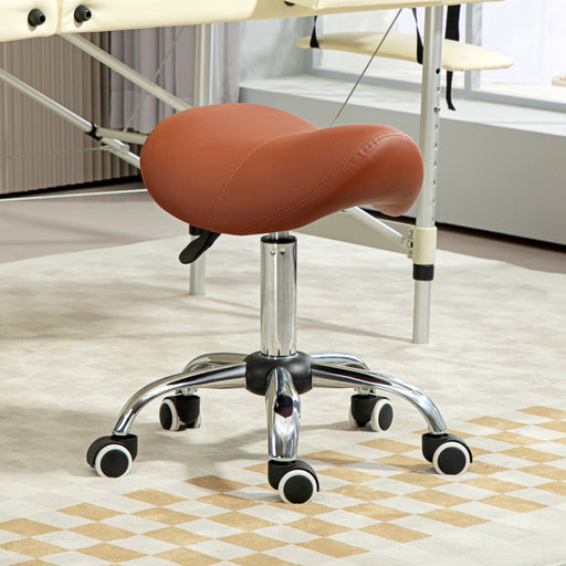 Height Adjustable Saddle Stool for Salon or Spa Use with Faux Leather Seat Brown