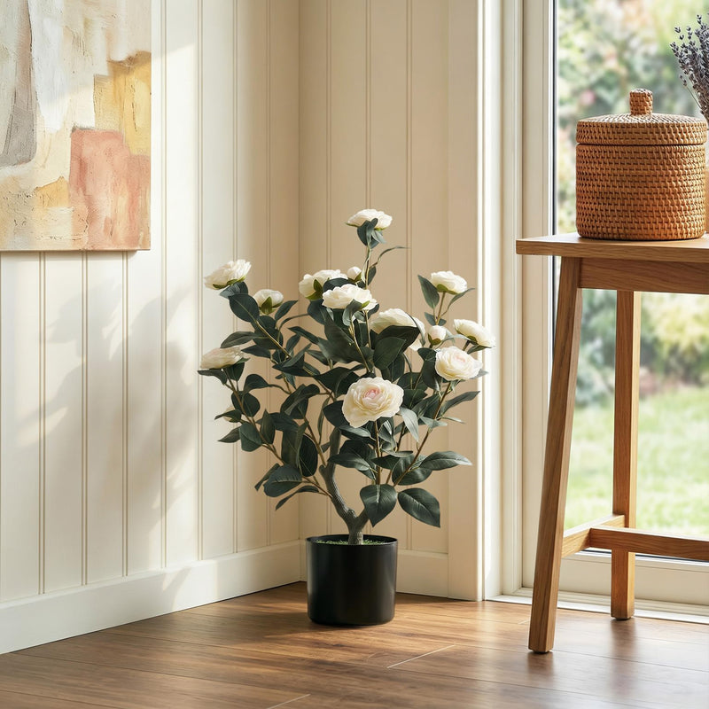 Artificial Camellia Plant 65 cm for Easy Indoor Greenery No Watering Needed White Homcom