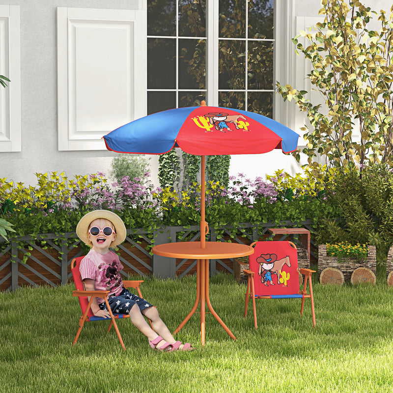 Kids Outdoor Picnic Table Set With Foldable Chairs And Adjustable Parasol For Garden Play