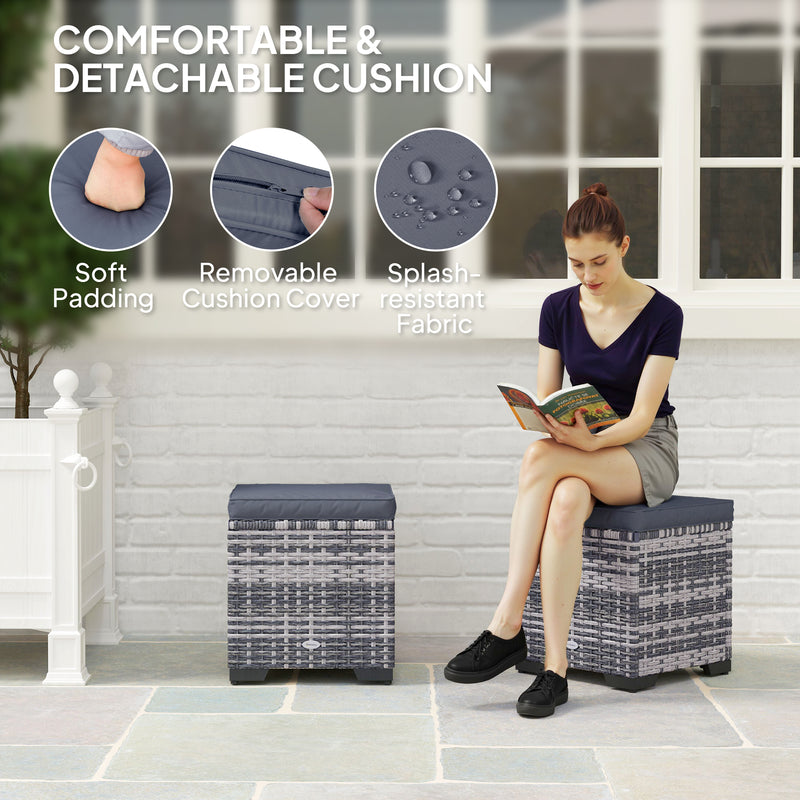 Set of 2 Rattan Storage Ottomans with Cushions for Garden Balcony and Living Room Dark Grey by Outsunny