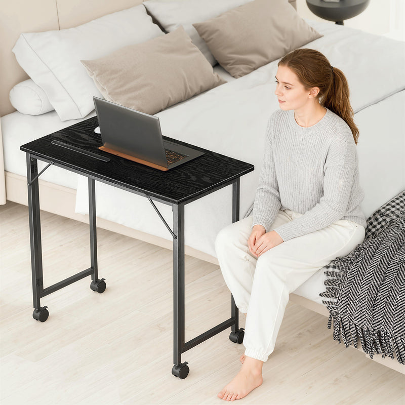 Compact Folding Desk on Wheels with Storage Shelf for Home Office or Study Black AOSOM