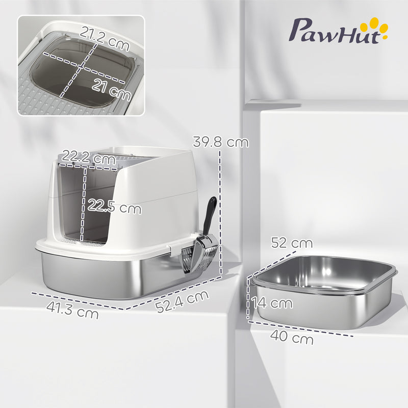 Large Stainless Steel Enclosed Cat Litter Box With Scoop Top Exit Design Grey