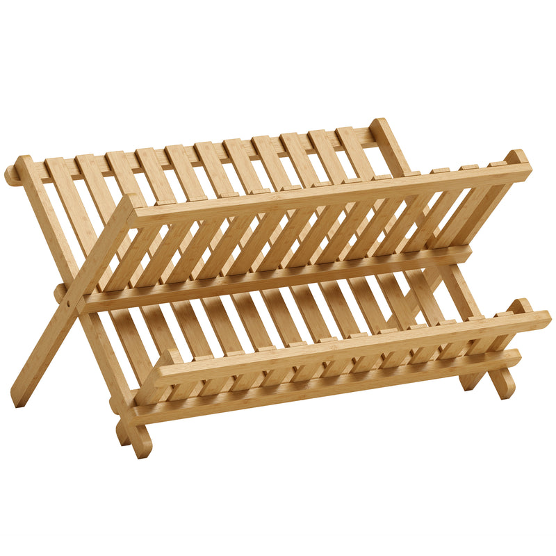 Foldable Bamboo Dish Drying Rack for Small Kitchens Two Tier Space Saving Natural Wood