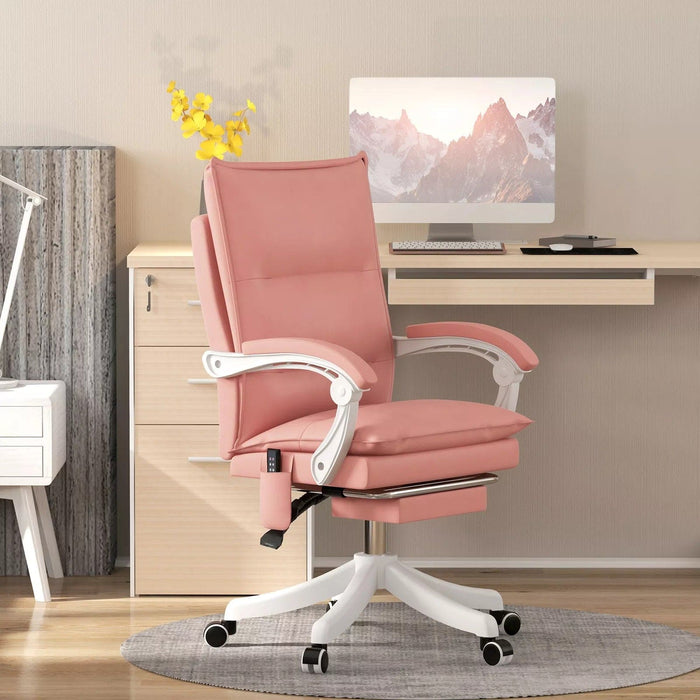 Image of a Pink Leather Heated Massage Executive Office Chair With Footrest and Swivel Wheels