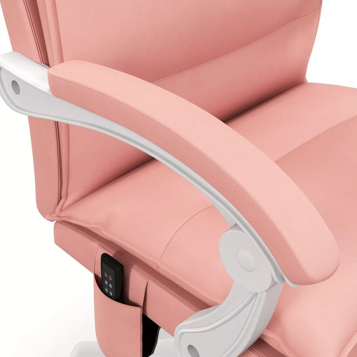 Image of a Pink Leather Heated Massage Executive Office Chair With Footrest and Swivel Wheels