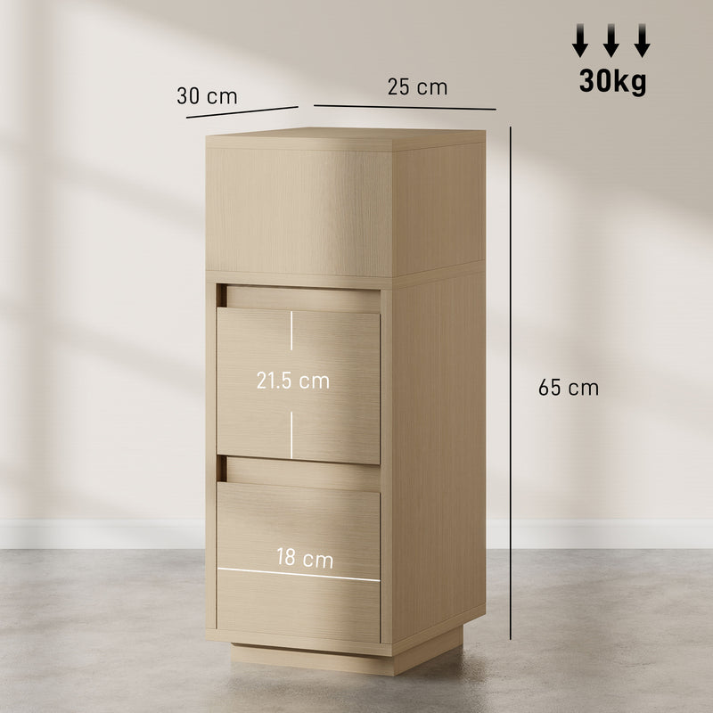 Slim Bedside Table With Open Shelf and Two Drawers for Bedroom Storage Natural Wood Finish