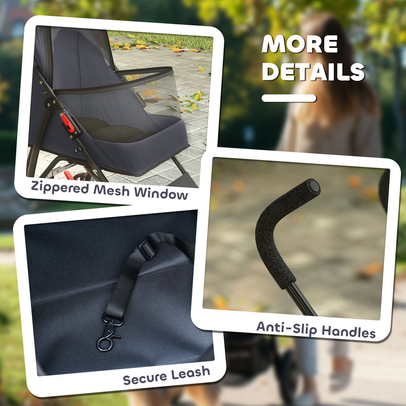 Pet Stroller for Small Dogs and Cats with Foldable Frame and Weather Canopy Dark Grey AOSOM