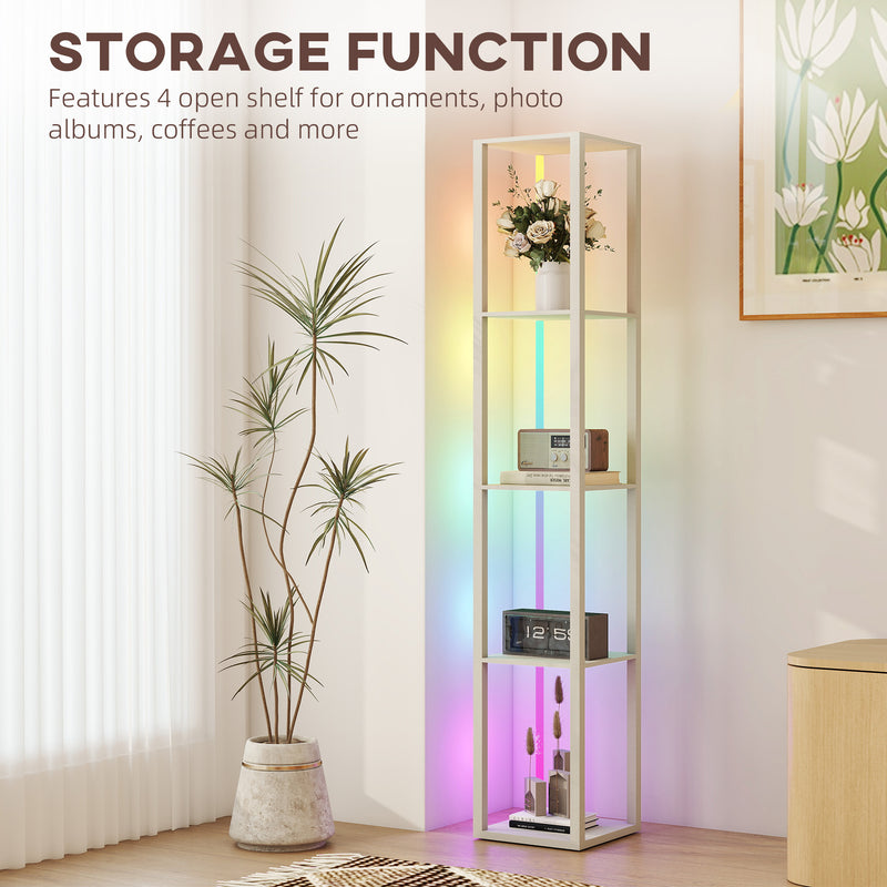 Tall LED Floor Lamp with Shelves and Remote Control for Living Room or Bedroom Oak