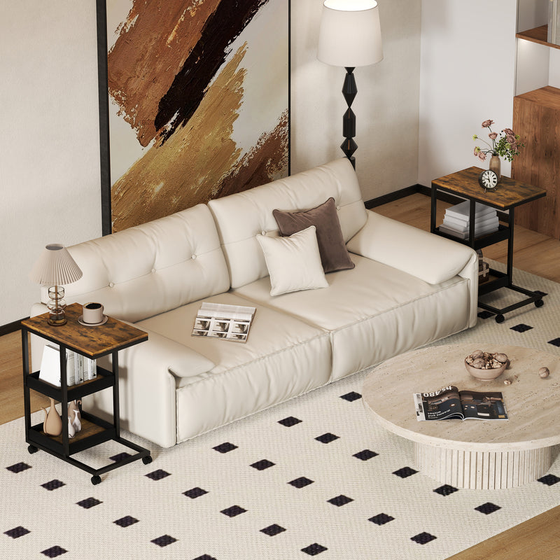 Set of 2 C Shaped Sofa Side Tables with Lockable Wheels and 3 Tier Storage, Dark Brown