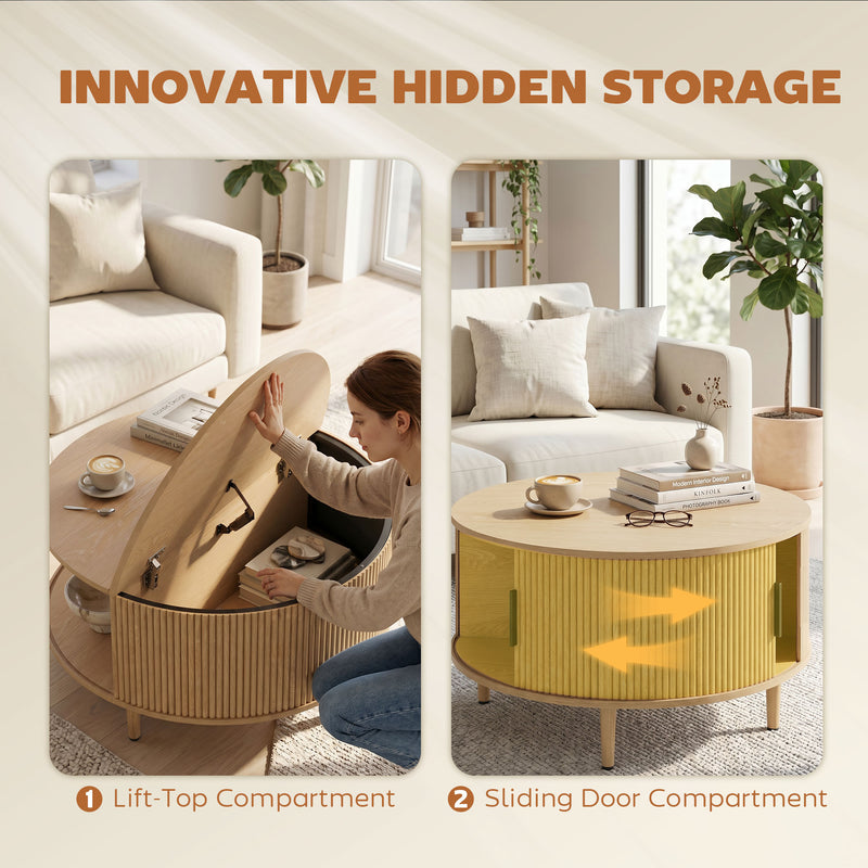 Round Coffee Table With Hidden Storage for Safer Clutter-Free Living Room Natural Wood