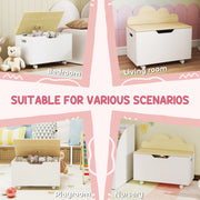 Toy Storage Chest with Wheels and Safety Hinges for Toddlers Playroom or Bedroom White AOSOM