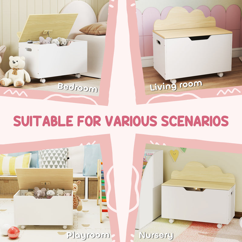 Toy Storage Chest with Wheels and Safety Hinges for Toddlers Playroom or Bedroom White AOSOM