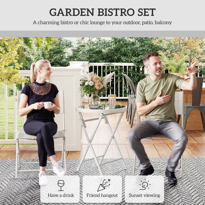 3 Piece Patio Bistro Set with Glass Table and Folding Chairs White by Outsunny