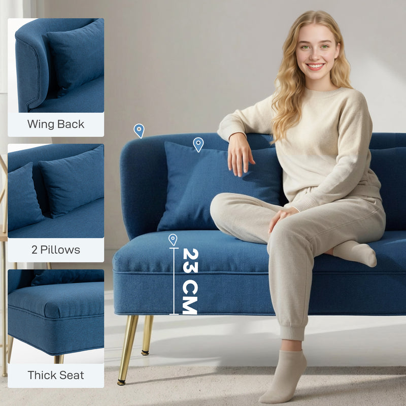 2 Seater Sofa Blue Wing Back Sofa With Thick Cushions And Gold Metal Legs For Small Spaces