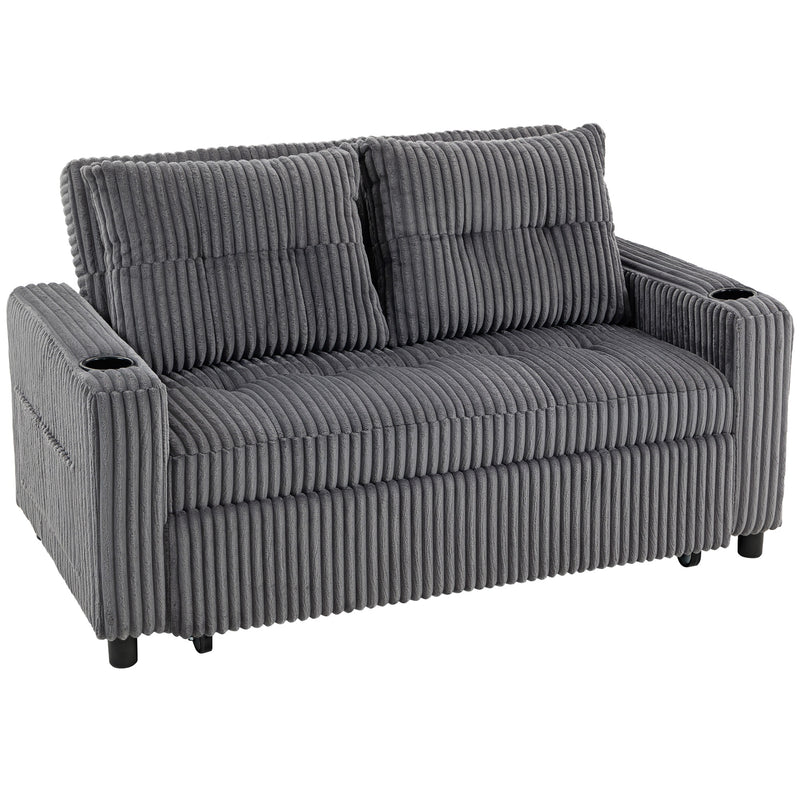 2 Seater Sofa Bed with Pull Out Design and Soft Corduroy Upholstery for Small Spaces Charcoal Grey
