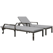 Grey Rattan Sun Loungers Set of 2 With Adjustable Backrest and Wheels for Garden Relaxing