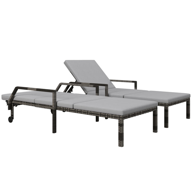 Grey Rattan Sun Loungers Set of 2 With Adjustable Backrest and Wheels for Garden Relaxing