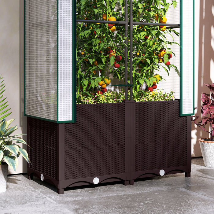 Raised Garden Bed with Trellis Plastic Planter Box with Drainage for Climbing Plants by Outsunny