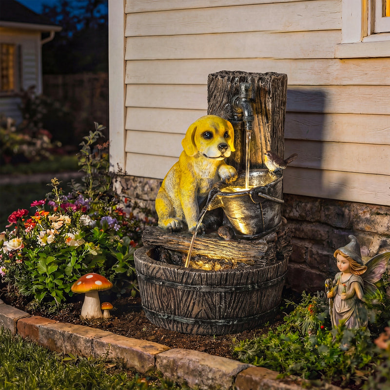 Garden Water Fountain with LED Lights for Calming Sounds and Relaxing Outdoor Spaces Rustic Brown AOSOM