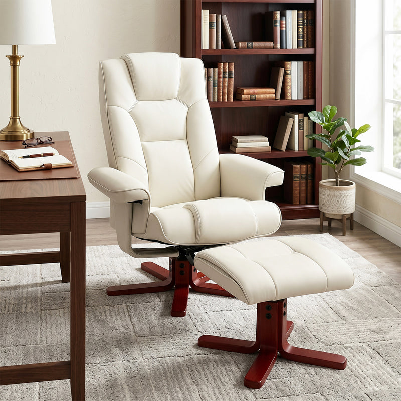 Reclining Chair and Footstool Set for Relaxing at Home with Padded Faux Leather Cream White