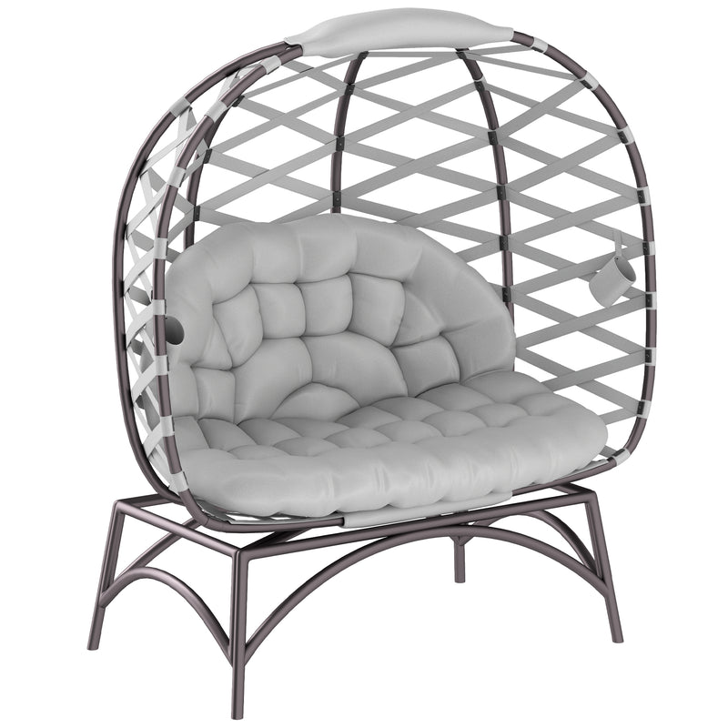 Light Grey 2 Seater Egg Chair Folding Rattan Garden Chair with Cushion and Cup Pockets by Outsunny