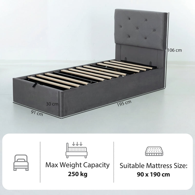 Single Ottoman Bed Frame with Gas Lift Storage and Padded Velvet Headboard, Dark Grey Homcom