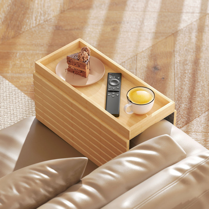 Sofa Arm Tray for Drinks and Snacks with Anti-Slip Base Bamboo Natural Wood Finish